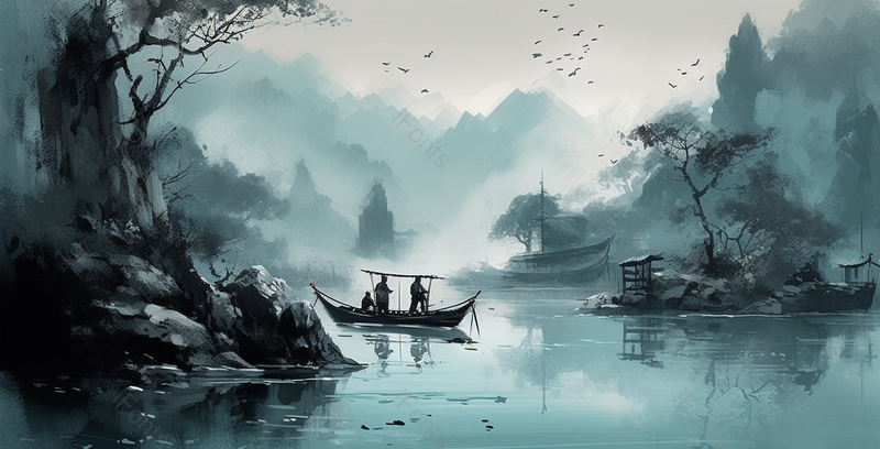 划船出游游玩新中式蓝色水墨意境山水画,插画/手绘图,插画/手绘图库,插画/手绘图下载,插画/手绘